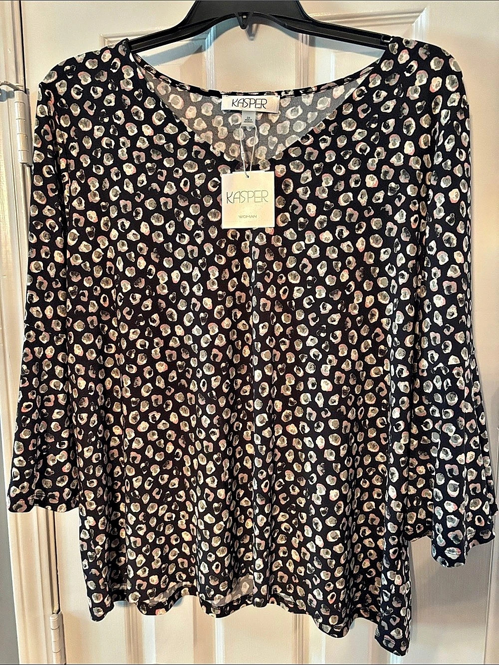 Kasper Sea Stone Patterned Black Blouse with Bell Sleeves NWT